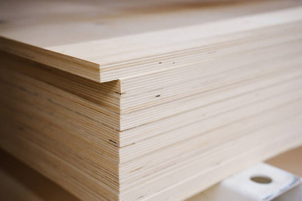 sheets of plywood on a rack in a hardware store. sheets of plywood on a rack in a hardware store. sale of building materials for repair and construction. pressboard stock pictures, royalty-free photos & images