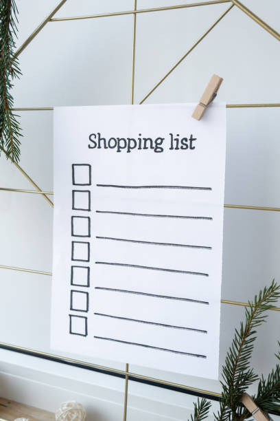 istock Holiday preparation paper note with SHOPPING LIST checklist text. Vision board wall with cozy minimalistic handmade new year Christmas decor Low key festive celebration 2163091876