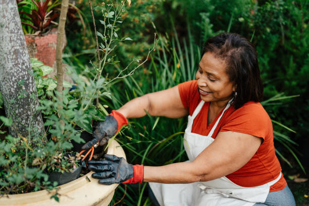 istock Crouching woman taking care of plants 2163093113