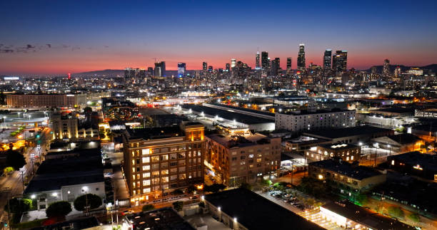 istock Converted and Functioning Warehouses in Downtown LA Arts District at Dusk - Aerial 2163093239