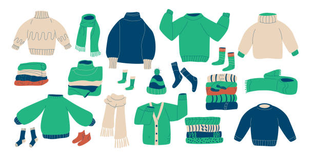 Set of cozy knitted sweaters, scarves, socks, and warm accessories. Winter warm clothes kit. Vector hand drawn flat collection illustration isolated on white background. Set of cozy knitted sweaters, scarves, socks, and warm accessories. Winter warm clothes kit. Vector hand drawn collection illustration isolated on white background. cardigan sweater stock illustrations