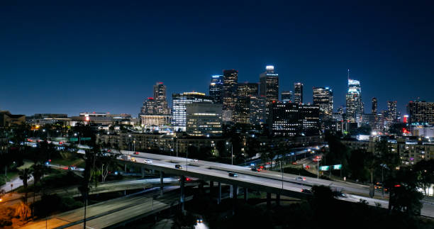 Downtown LA Skyline on a Clear Summer Night - Aerial