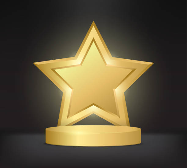 istock Golden round podium or pedestal stage with gold star and bright light rays for product display presentation 2163101500