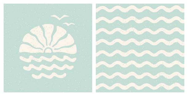 Sea sunset and flying seagulls print and ocean waves pattern set. Pastel blue coastal holiday retro groovy design. Vintage summer surf aesthetic cut out collage t shirt, poster, cover design template.