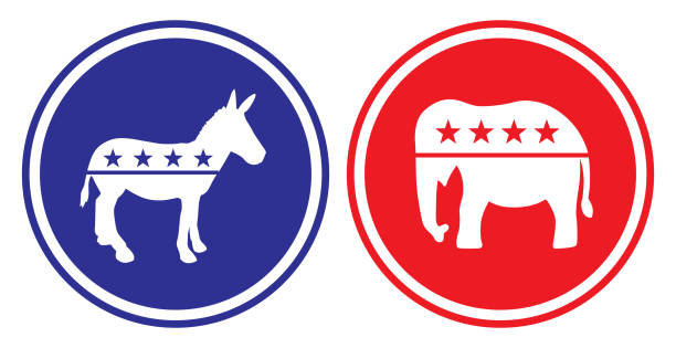 Vector illustration of a round blue and red election elephant and donkey icons on a white background.