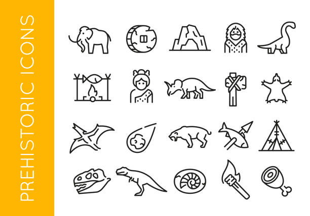 Prehistoric icons. Set of 20 prehistoric trendy minimal icons. Example: Mammoth, Stone Wheel, Caveman, Brontosaurus icon. Design signs for web page, mobile app, packaging design. Vector illustration.