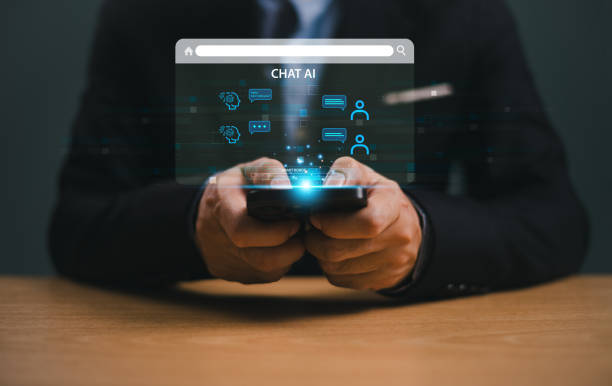 istock Ai bot chat with customer, blue background. Man use smartphone chat Ai, Artificial intelligence. Robot business convenient assistance. Virual conversation prompt, information data online network app 2163138576