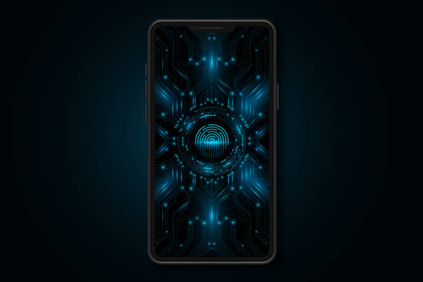 istock Smart phone with scanning fingerprint against the background of the CPU circuit board. Touch screen with biometric verification. Hi-tech device for UI and UX design. Vector illustration 2163139715