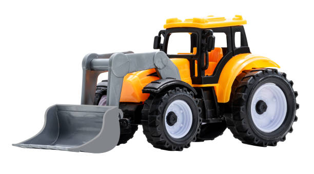 Mock up toy yellow bulldozer isolated on white background with clipping path
