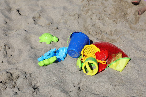 Summer holidays abroad with toy bucket, spade and globe