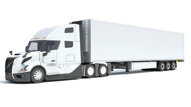 istock Truck with Reefer Refrigerator Trailer 3D rendering on white background 2163152307