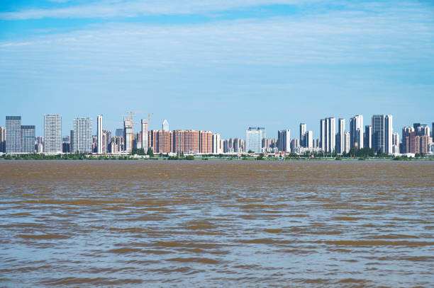 Modern city skyline view over the river