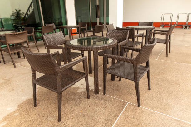 istock Tables and chairs in a street cafe 2163159834