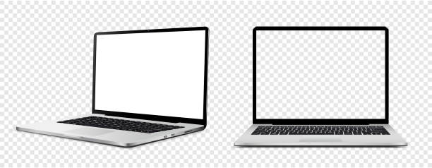 istock Mockup of laptop computer. Front and side view with white and empty screen on transparent background. 2163165557