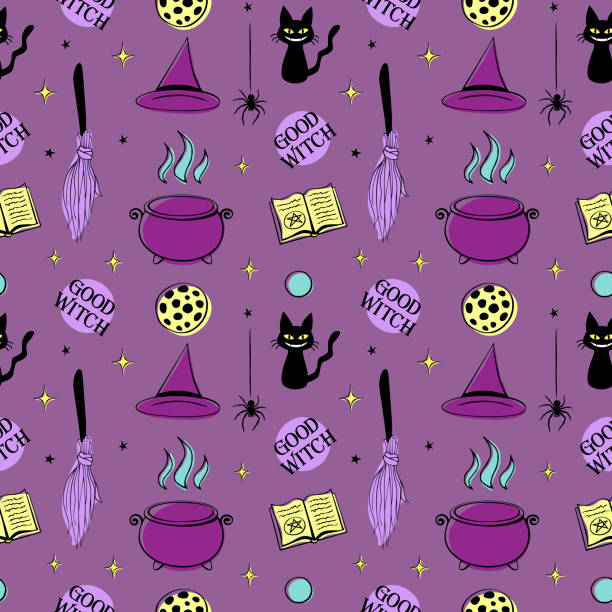 istock Halloween seamless pattern with good witch symbols - cat, magic book, witch hat, broom and cauldron. Power girls theme. Cute holiday kids decor 2163166624
