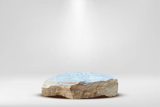 istock Stone podium background. Rock stand product display. Natural grey marble pedestal on light grey wall for product placement. Modern minimal cosmetic design. Fashion beauty realistic vector illustration 2163166655