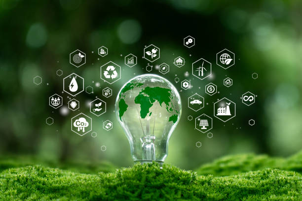 istock Green map in light bulb with renewable energy icon. Carbon emission low neutral, net zero, ESG, sustainable Environment.green energy. World Environment Day. Green business. 2163167746