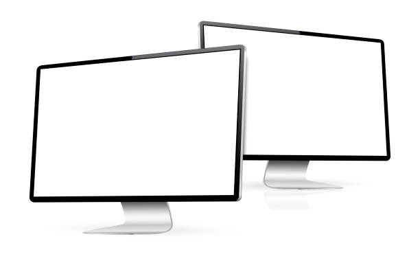 Realistic computer screen mockup. Two computer display with blank screen. Realistic computer screen mockup. Two computer display with blank screen. Vector illustration. two objects stock illustrations