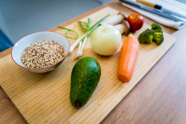 Quinoa ceviche, typical dish of Peru, Peruvian food on top of a wooden table.