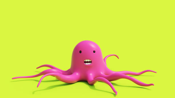 Cute colorful creatures funny pink tentacles soft plastic plasticine cheerful lime green background 3d illustration render digital rendering