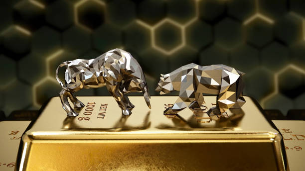 Stack of Gold Bars in a Pyramid Formation With Low-Poly Bear and Bull Figurines Standing on the Top. The bars are stacked neatly, and the weight of the gold is evident in their solid construction.
