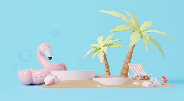 istock 3D render, summer scene with podium for showing product and advertisement, summer background with pink inflatable flamingo and beach on blue background. 2163175070