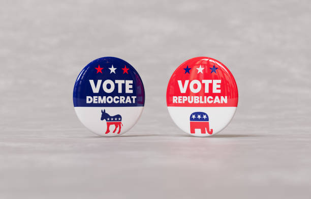 Two political campaign buttons promoting Democrat and Republican votes, featuring party symbols against a neutral background for United States of America presidential election in 3D illustration
