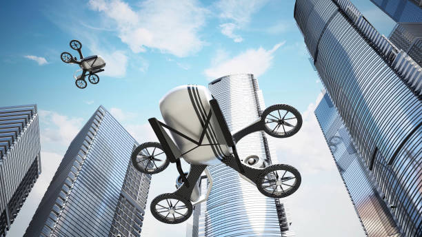 eVTOLs Flying Over Skyscrapers in a Modern City