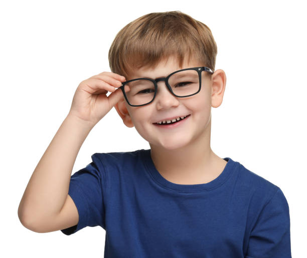 istock Little boy with glasses on white background 2163176465