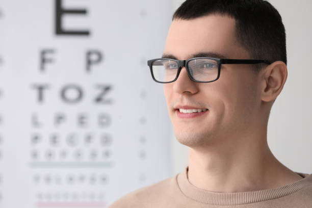 istock Young man with glasses against vision test chart 2163176547