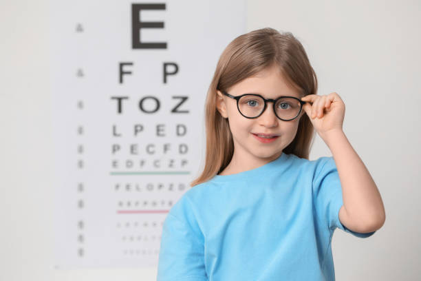 istock Little girl with glasses against vision test chart 2163176565