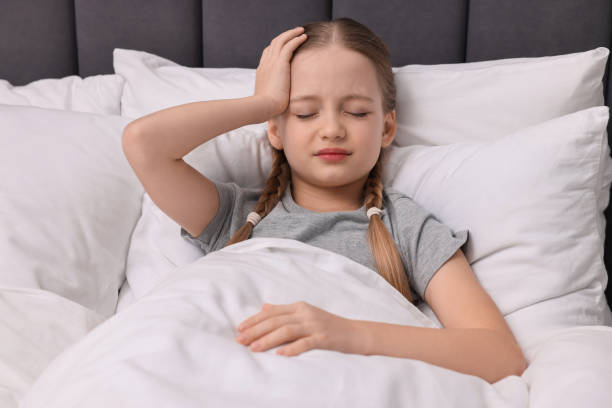 istock Little girl suffering from headache in bed 2163176705