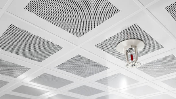 istock Fire Sprinkler on a White Ceiling With Perforated Tiles 2163176714