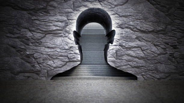 Silhouette Person On Steps Seen Through Glass In Building