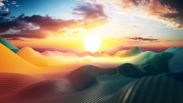 A warm sunrise breaks over desert dunes with textured sand in the foreground.
