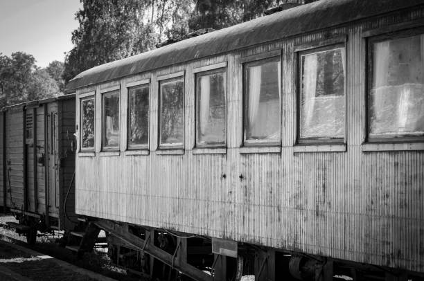 A close-up of old train carriages