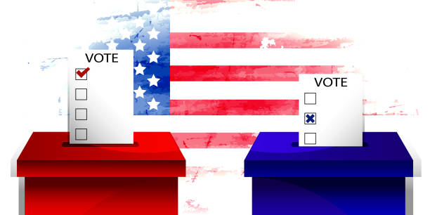 Election voting concept in realistic style. Voting in the USA, Democratic and Republican parties. A ballot box near a ballot box with an American flag in the background. Graphic vector illustration in EPS format. republican national convention stock illustrations