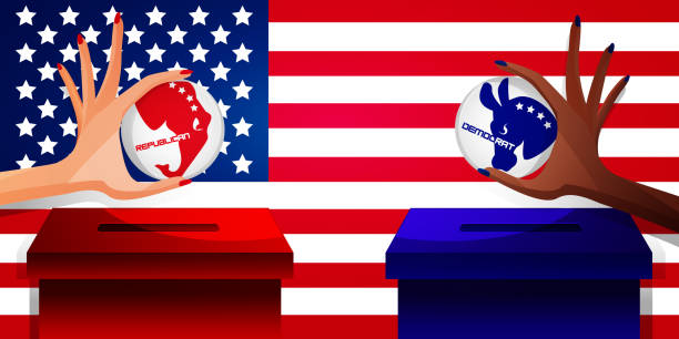 Election voting concept in flat style. Voting in the USA, Democratic and Republican parties. Hands of Americans of different races with choice icons near the ballot box on the background of the American flag. Graphic vector illustration in EPS format. republican national convention stock illustrations