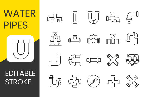 stockillustraties, clipart, cartoons en iconen met water pipes set vector line icons with editable stroke - pijp buis