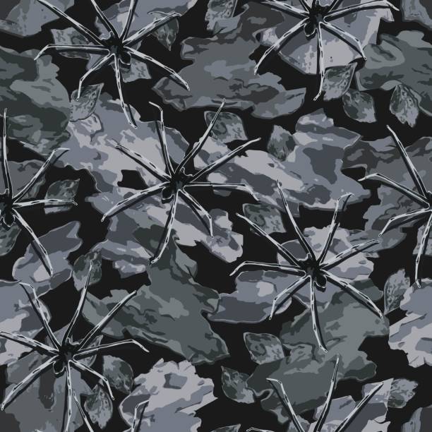 istock Seamless gray camouflage pattern with forest litter, dry bark pieces, crawling big spiders. Wild nature. Spotty background for apparel, fabric, textile, sport goods. 2163195190