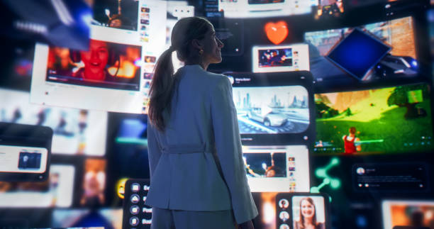 istock Backview Of Caucasian Woman Looking at Cyberspace Internet Interface Browsing Web Content, Watching Video Streaming, Social Media. Animated Stream Of Online Entertainment With Influencers And Gaming. 2163204506