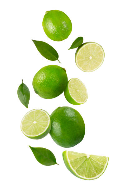 istock Green Limes in Air 2163210314