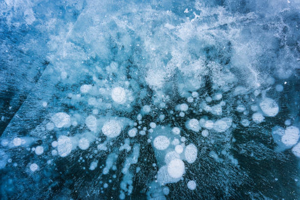 Natural methane bubbles in frozen lake on winter