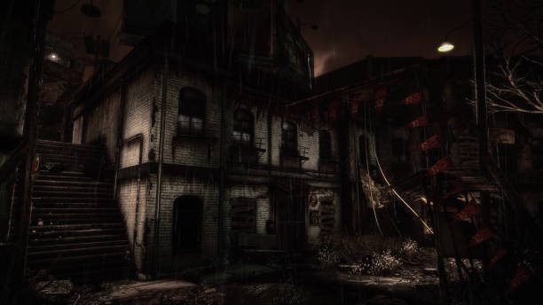 istock Abandoned Building Under Rain at Night with Dark and Eerie Atmosphere 2163216364