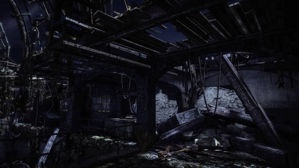 istock Abandoned Industrial Building at Night with Overgrown Foliage 2163216365