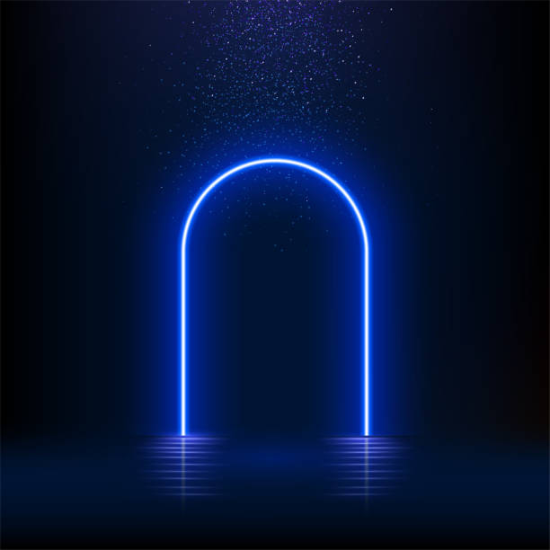 istock Blue neon light arch. Glow door in futuristic style with falling glitter effect. Abstract fairy arc with reflection in water under rain of luxury confetti vector illustration 2163223481