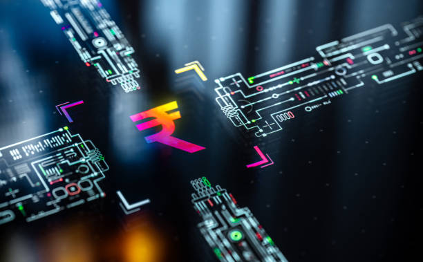 istock Rupee digital currency concept background. Rupee as a strongest currency for global payments and trading. Futuristic Indian Rupee icon in world of technological progress and innovation 2163223976