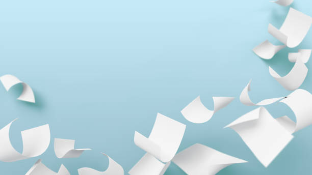 Flying on wind white paper pages on blue background 3d render. Falling office document files, empty bill, invoice. Realistic blank curve sheets of book, scattered note floating in air
