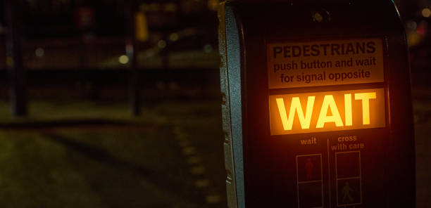 istock Pedestrian Crossing Wait sign at night 2163230104
