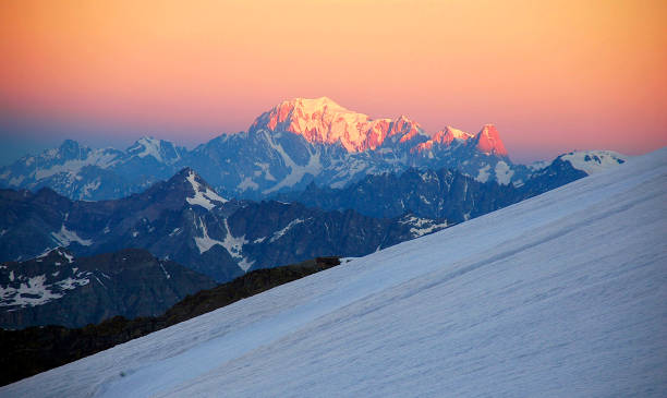 Mont Blanc during sunrise, seen ascending Lys Glacier, Monte Rosa